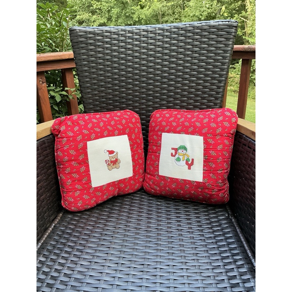 Hand Made Cross Stitch Christmas Pillows Set Of 2 Bear Snowman Holiday Decor Vtg